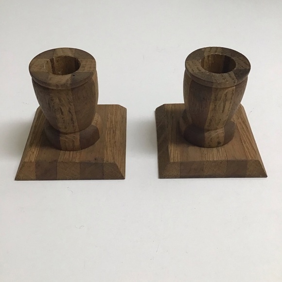 Vintage Folk Art Rustic Pair Small Solid Wood Candlestick Holders 3” Primitive - Picture 1 of 16